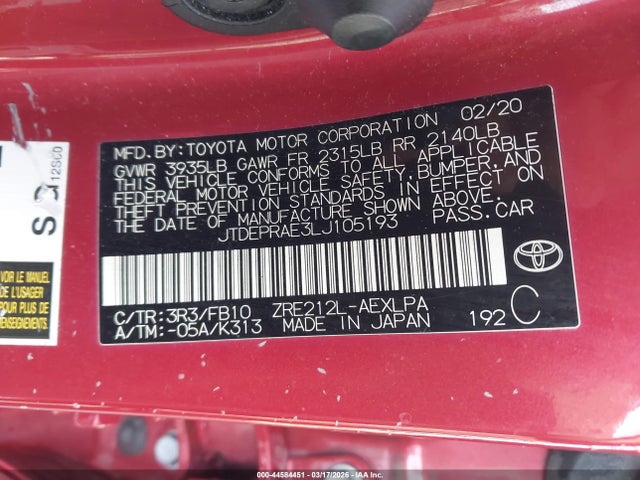 44584451 :رقم المزاد ، JTDEPRAE3LJ105193 vin ، 2020 Toyota Corolla Le مزاد بيع