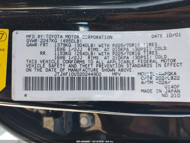 44584461 :رقم المزاد ، JTJHF10U520244902 vin ، 2002 Lexus Rx 300 مزاد بيع