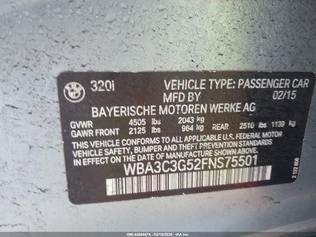 2015 Bmw 320i Xdrive მანქანა იყიდება აუქციონზე, vin: WBA3C3G52FNS75501, აუქციონის ნომერი: 44584474