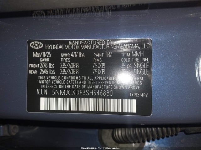 5NMJC3DE3SH546880 Hyundai Tucson Sel Convenience