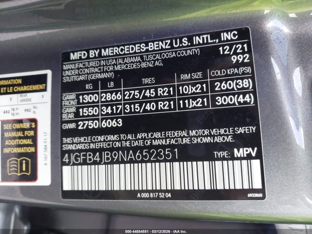 Aukcja sprzedaży 2022 Mercedes-benz Gle 350, vin: 4JGFB4JB9NA652351, numer aukcji: 44584551
