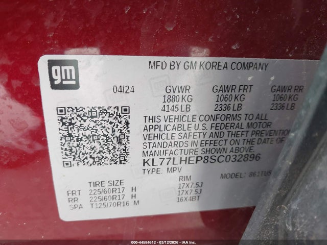44584612 :رقم المزاد ، KL77LHEP8SC032896 vin ، 2025 Chevrolet Trax Fwd Lt مزاد بيع