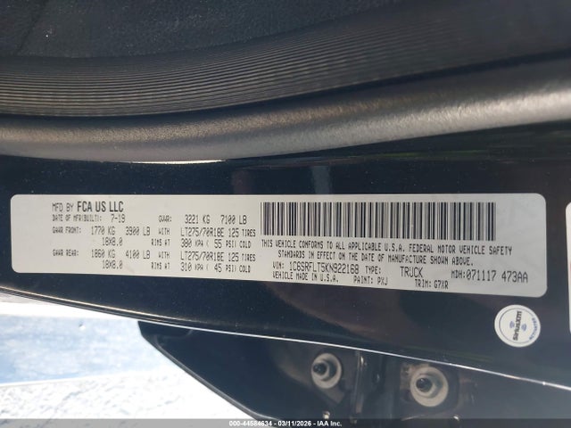 Продажа на аукционе авто 2019 Ram 1500 Rebel  4x4 5'7 Box, vin: 1C6SRFLT5KN922168, номер лота: 44584634
