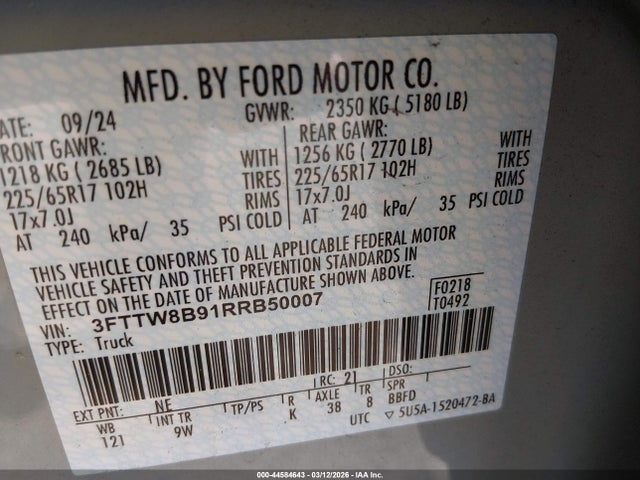 Aukcja sprzedaży 2024 Ford Maverick Xl, vin: 3FTTW8B91RRB50007, numer aukcji: 44584643