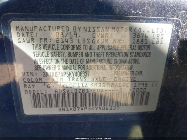 Продажа на аукционе авто 2019 Nissan Sentra S, vin: 3N1AB7AP5KY406337, номер лота: 44584672