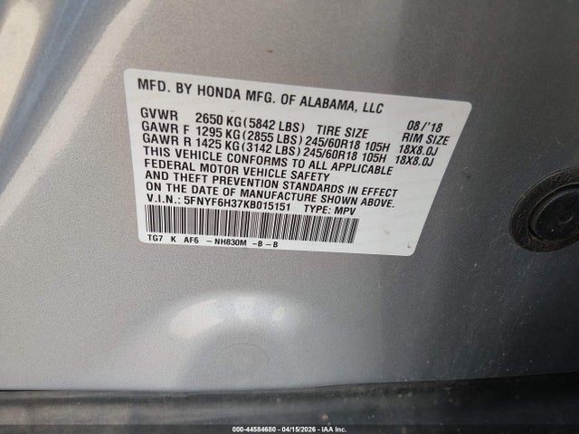 Honda Pilot Ex 2019 5FNYF6H37KB015151 Image 9