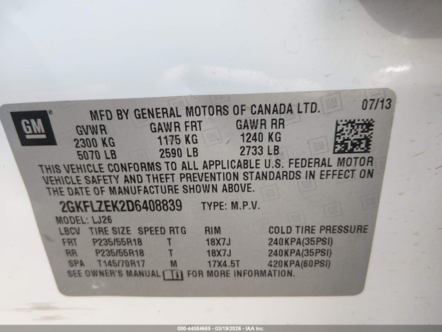 2013 Gmc Terrain Denali მანქანა იყიდება აუქციონზე, vin: 2GKFLZEK2D6408839, აუქციონის ნომერი: 44584685