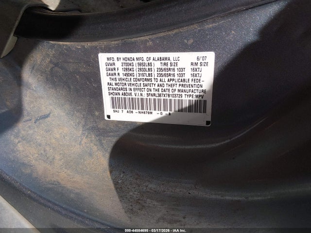2007 Honda Odyssey Ex-l მანქანა იყიდება აუქციონზე, vin: 5FNRL387X7B103729, აუქციონის ნომერი: 44584695