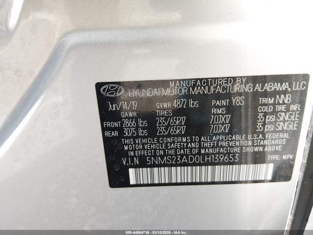 44584736 :رقم المزاد ، 5NMS23AD0LH139653 vin ، 2020 Hyundai Santa Fe Se مزاد بيع