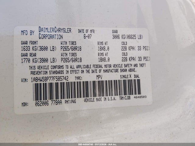 44584748 :رقم المزاد ، 1A8HW58P77F585742 vin ، 2007 Chrysler Aspen Limited مزاد بيع