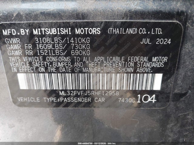 Продажа на аукционе авто 2024 Mitsubishi Mirage G4 Se, vin: ML32FVFJ5RHF12958, номер лота: 44584750