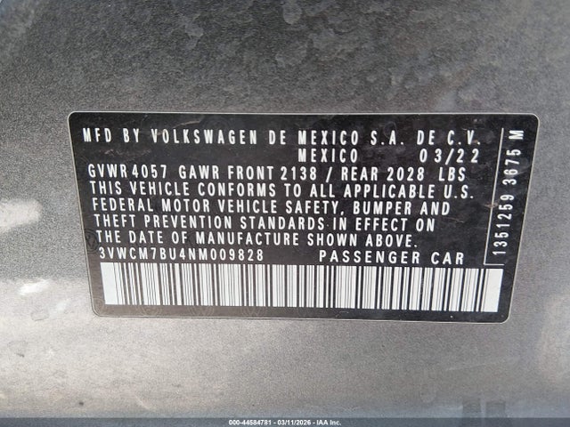 Продаж на аукціоні авто 2022 Volkswagen Jetta 1.5t S, vin: 3VWCM7BU4NM009828, номер лоту: 44584781