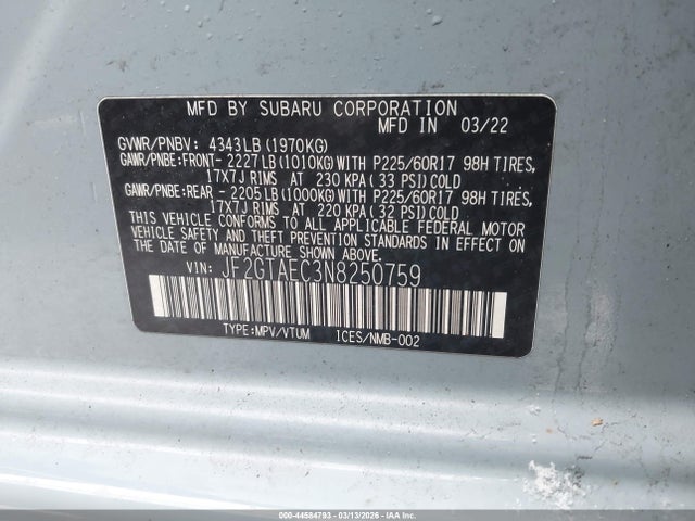 Продажа на аукционе авто 2022 Subaru Crosstrek Premium, vin: JF2GTAEC3N8250759, номер лота: 44584793