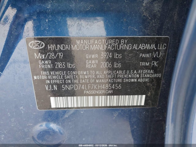 2019 Hyundai Elantra Se მანქანა იყიდება აუქციონზე, vin: 5NPD74LF7KH485456, აუქციონის ნომერი: 44584802