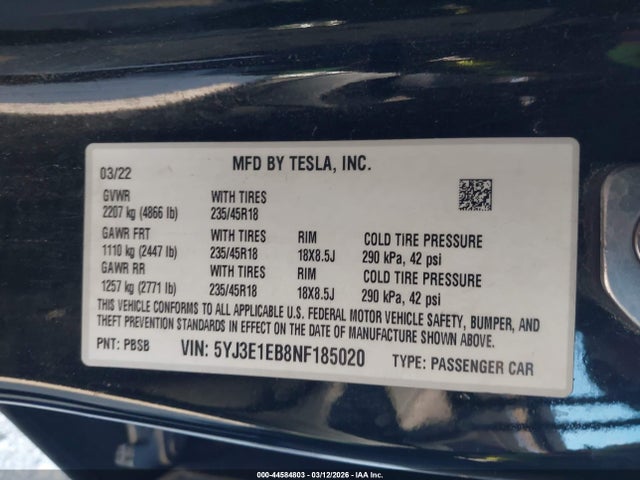 2022 Tesla Model 3 Long Range Dual Motor All-wheel Drive მანქანა იყიდება აუქციონზე, vin: 5YJ3E1EB8NF185020, აუქციონის ნომერი: 44584803