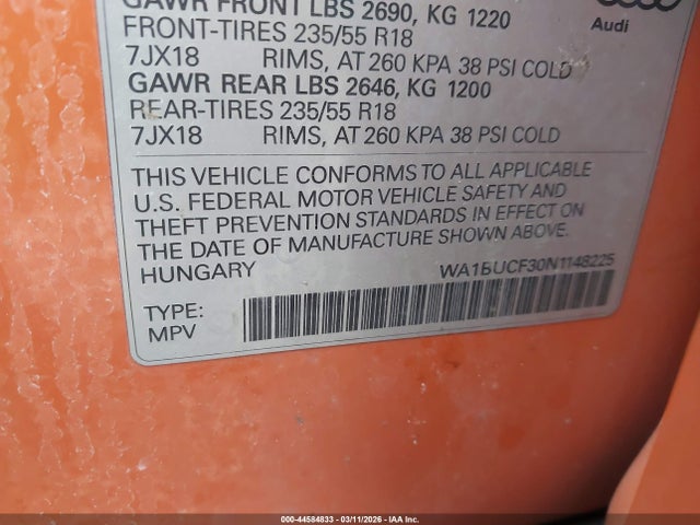 44584833 :رقم المزاد ، WA1BUCF30N1148225 vin ، 2022 Audi Q3 Premium Plus 40 Tfsi Quattro Tiptronic مزاد بيع