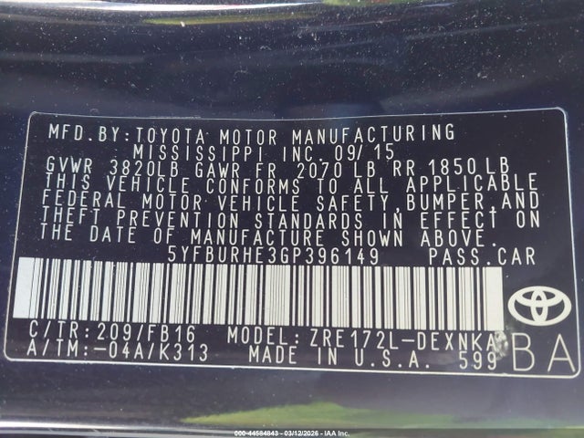 Toyota COROLLA LE 2016 5YFBURHE3GP396149 Image 9