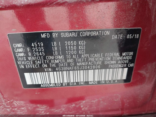Aukcja sprzedaży 2018 Subaru Legacy 2.5i Premium, vin: 4S3BNAF65J3042806, numer aukcji: 44584848