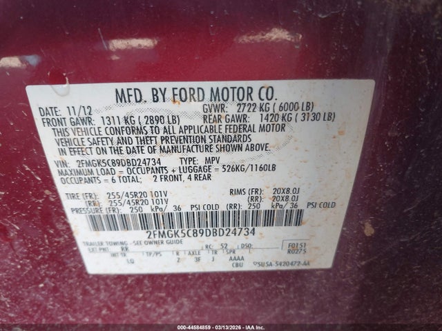44584859 :رقم المزاد ، 2FMGK5C89DBD24734 vin ، 2013 Ford Flex Sel مزاد بيع