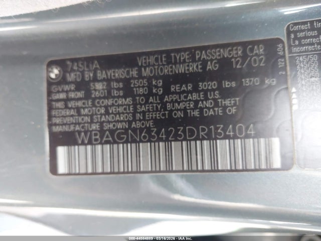 Aukcja sprzedaży 2003 Bmw 745li, vin: WBAGN63423DR13404, numer aukcji: 44584889