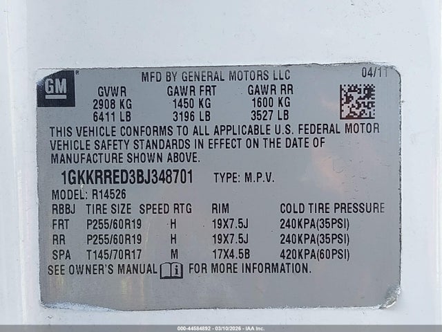 Продаж на аукціоні авто 2011 Gmc Acadia Slt-1, vin: 1GKKRRED3BJ348701, номер лоту: 44584892
