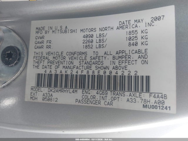 2008 MITSUBISHI ECLIPSE 4A3AK24F88E004222 Photo 8