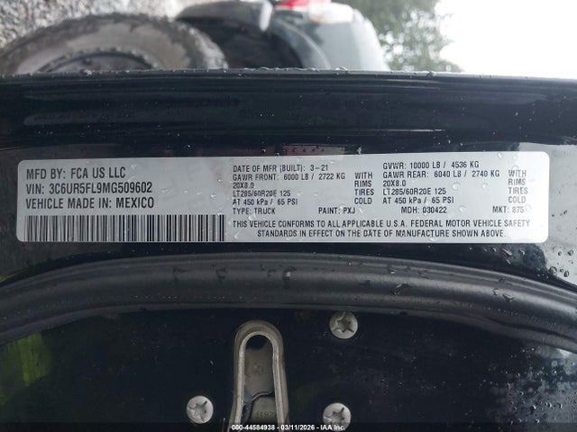 Aukcja sprzedaży 2021 Ram 2500 Laramie  4x4 6'4 Box, vin: 3C6UR5FL9MG509602, numer aukcji: 44584938