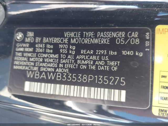 44584942 :رقم المزاد ، WBAWB33538P135275 vin ، 2008 Bmw 328i مزاد بيع