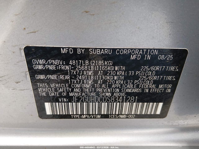 44584943 :رقم المزاد ، JF2GUHDC0S8341281 vin ، 2025 Subaru Crosstrek Premium مزاد بيع