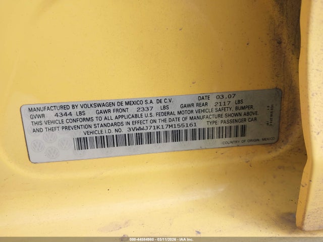 Продаж на аукціоні авто 2007 Volkswagen Jetta Gli, vin: 3VWWJ71K17M155161, номер лоту: 44584980