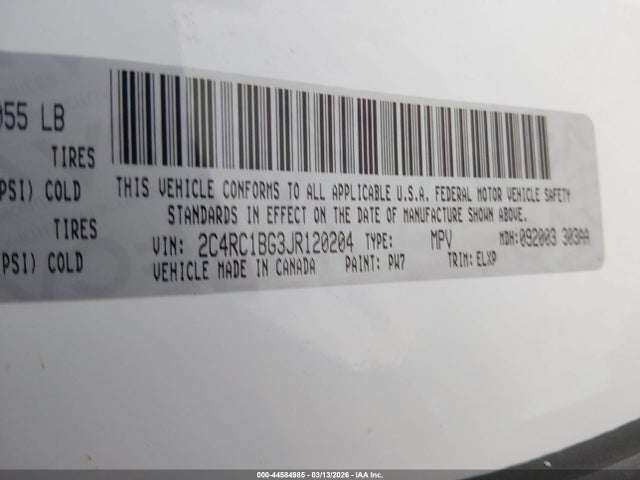 44584985 :رقم المزاد ، 2C4RC1BG3JR120204 vin ، 2018 Chrysler Pacifica Touring L مزاد بيع