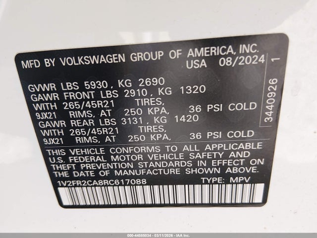 Продажа на аукционе авто 2024 Volkswagen Atlas 2.0t Sel Premium R-line, vin: 1V2FR2CA8RC617088, номер лота: 44585034