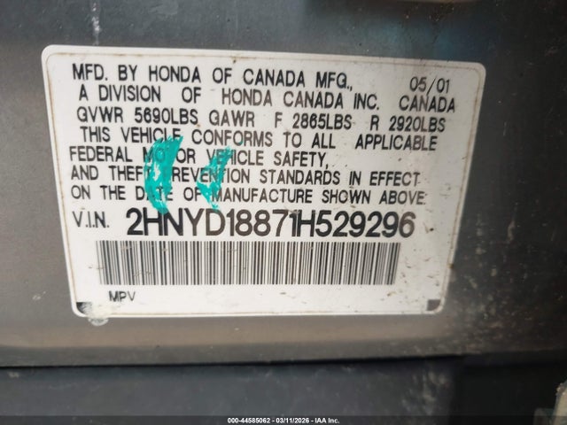 44585062 :رقم المزاد ، 2HNYD18871H529296 vin ، 2001 Acura Mdx مزاد بيع