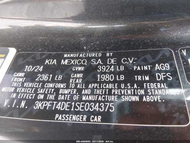44585093 :رقم المزاد ، 3KPFT4DE1SE034375 vin ، 2025 Kia K4 Lxs مزاد بيع