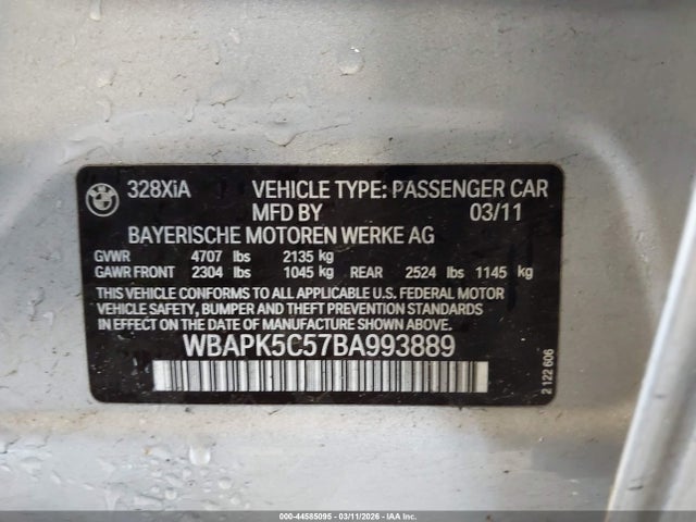 2011 BMW 328I WBAPK5C57BA993889 Photo 8