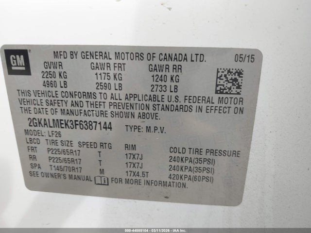 Продажа на аукционе авто 2015 Gmc Terrain Sle-1, vin: 2GKALMEK3F6387144, номер лота: 44585104