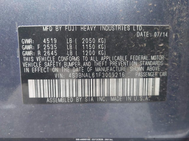 4S3BNAL61F3009216 Subaru Legacy 2.5i Limited