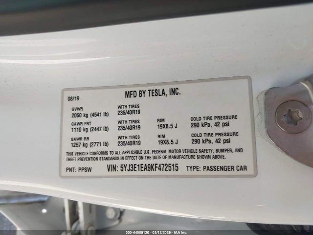 Продаж на аукціоні авто 2019 Tesla Model 3 Long Range/mid Range/standard Range/standard Range Plus, vin: 5YJ3E1EA9KF472515, номер лоту: 44585120