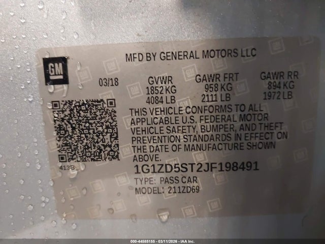 Продажа на аукционе авто 2018 Chevrolet Malibu Lt, vin: 1G1ZD5ST2JF198491, номер лота: 44585155