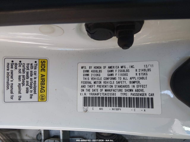 44585183 :رقم المزاد ، 19UUA8F27CA020560 vin ، 2012 Acura Tl 3.5 مزاد بيع