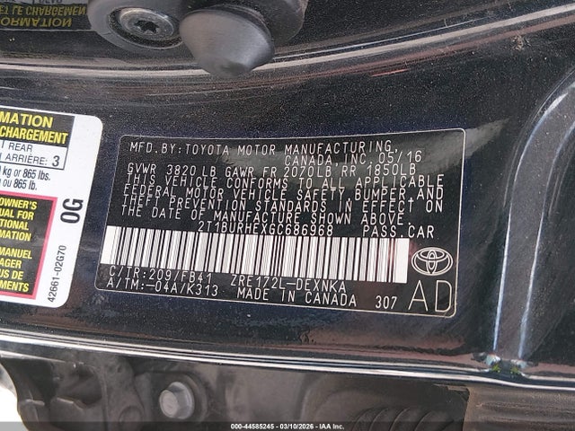 Aukcja sprzedaży 2016 Toyota Corolla Le, vin: 2T1BURHEXGC686968, numer aukcji: 44585245