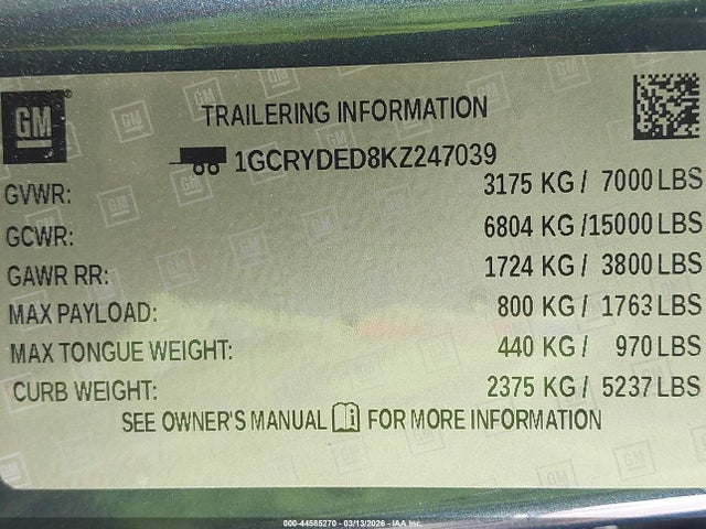 Aukcja sprzedaży 2019 Chevrolet Silverado 1500 Lt, vin: 1GCRYDED8KZ247039, numer aukcji: 44585270