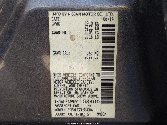 Nissan Altima 2.5 Sv 2015 1N4AL3AP9FC108400 Image 9