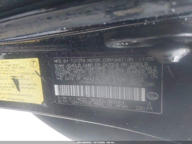 2006 Lexus Es 330 მანქანა იყიდება აუქციონზე, vin: JTHBA30G565161863, აუქციონის ნომერი: 44585292