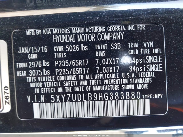 5XYZUDLB9HG383880 Hyundai Santa Fe Sport 2.4l