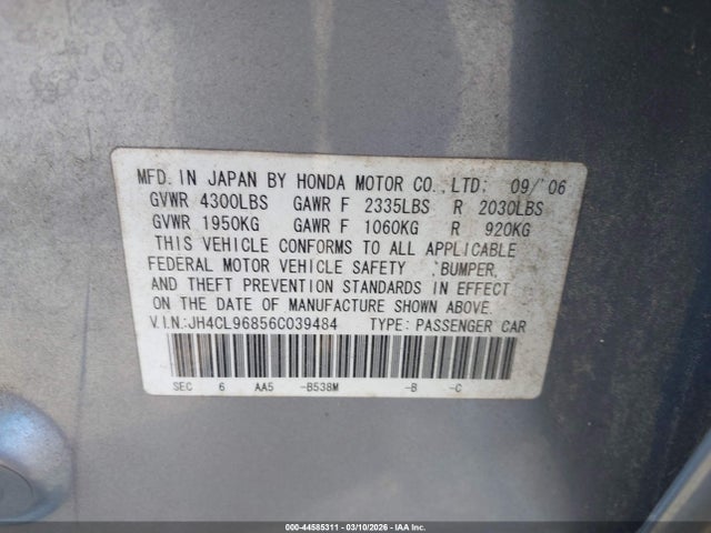 44585311 :رقم المزاد ، JH4CL96856C039484 vin ، 2006 Acura Tsx مزاد بيع