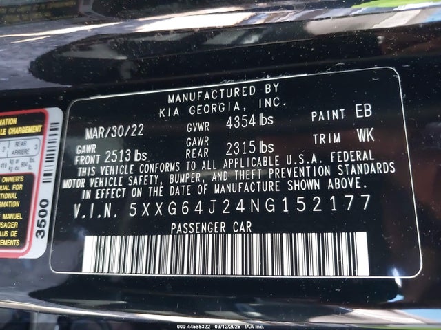 44585322 :رقم المزاد ، 5XXG64J24NG152177 vin ، 2022 Kia K5 Gt-line مزاد بيع