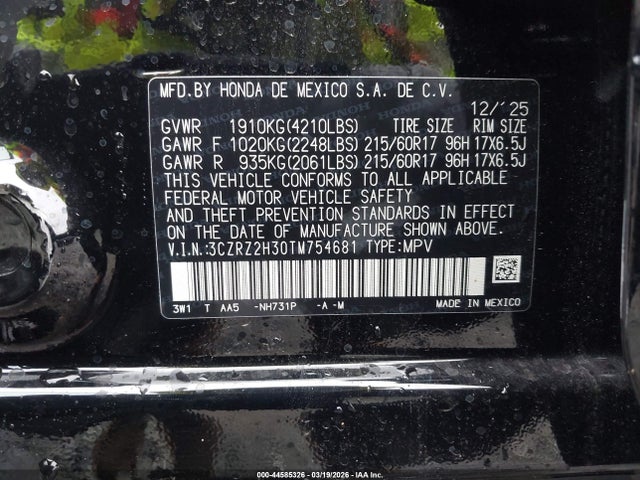 3CZRZ2H30TM754681 Honda Hr-v Awd Lx