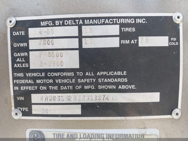 44585328 :رقم المزاد ، 4MWGS16236N018374 vin ، 2006 Delta Manufacturing Inc Livestock مزاد بيع