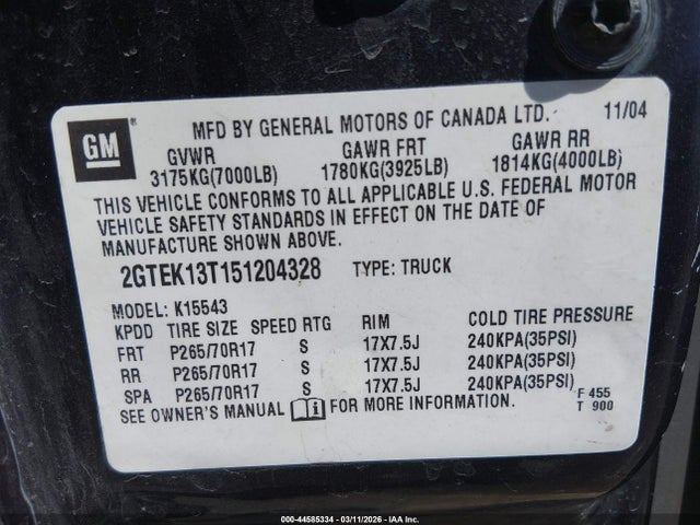 2005 Gmc Sierra 1500 Sle მანქანა იყიდება აუქციონზე, vin: 2GTEK13T151204328, აუქციონის ნომერი: 44585334